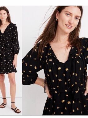 Madewell Black Mini Dress with Gold Floral Print and Tie Waist